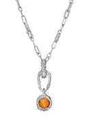 Rhodium orange drape pendant necklace by Jude Benhalim with house chain, showcasing elegant jewelry design.
