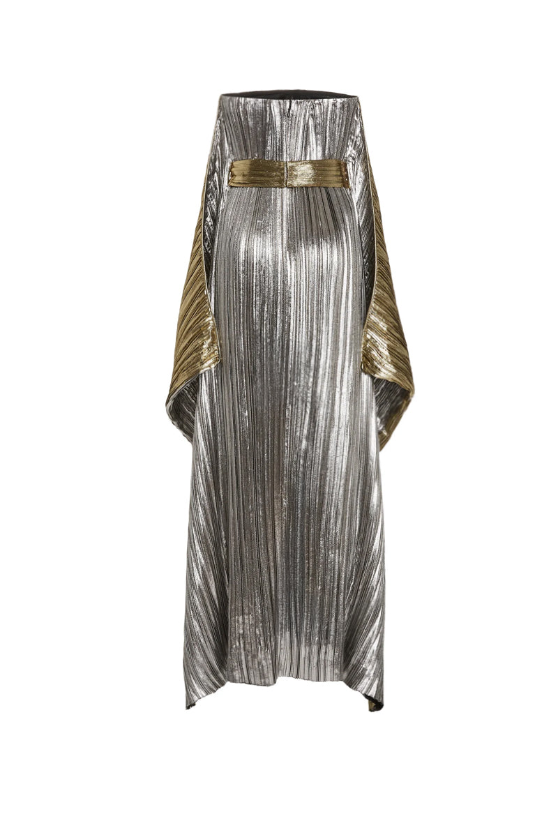 DRAPED PLEATED LAMÉ GOWN - CULT MIA
