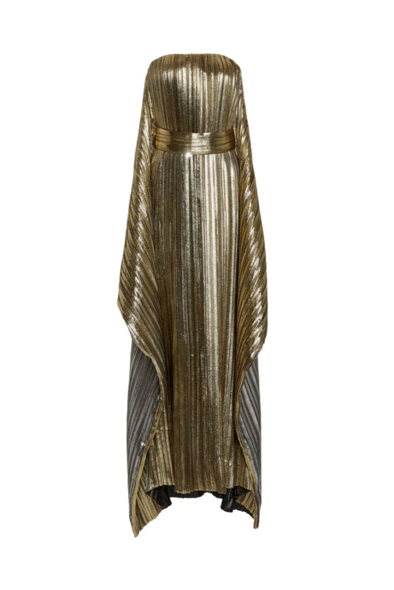 DRAPED PLEATED LAMÉ GOWN - CULT MIA
