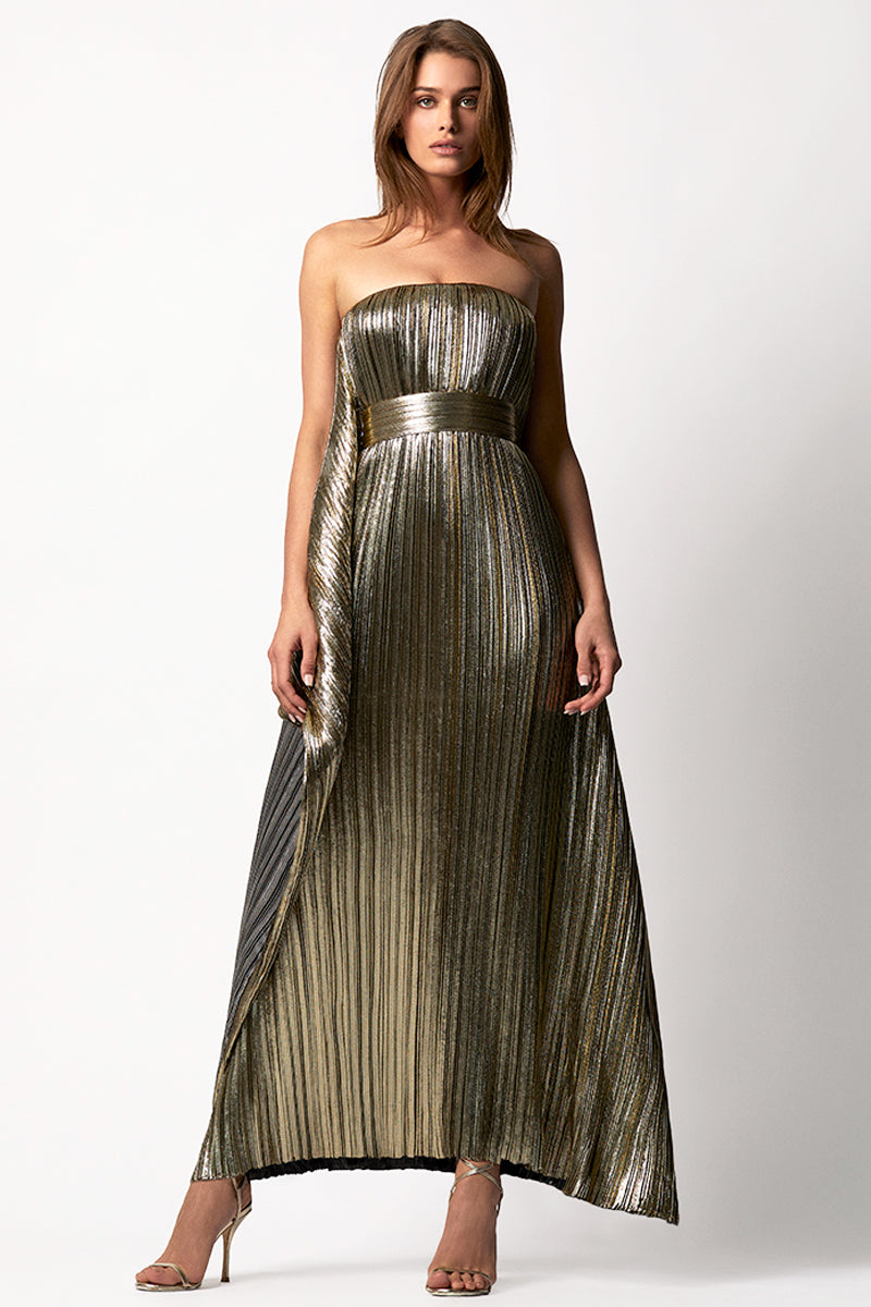 DRAPED PLEATED LAMÉ GOWN - CULT MIA