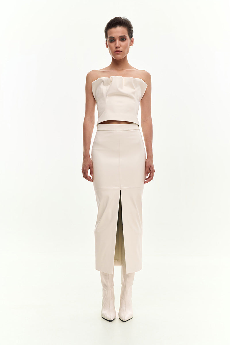 KRIS MARÁN vegan leather draped top in ecru, featuring a stylish front drape and elegant design.