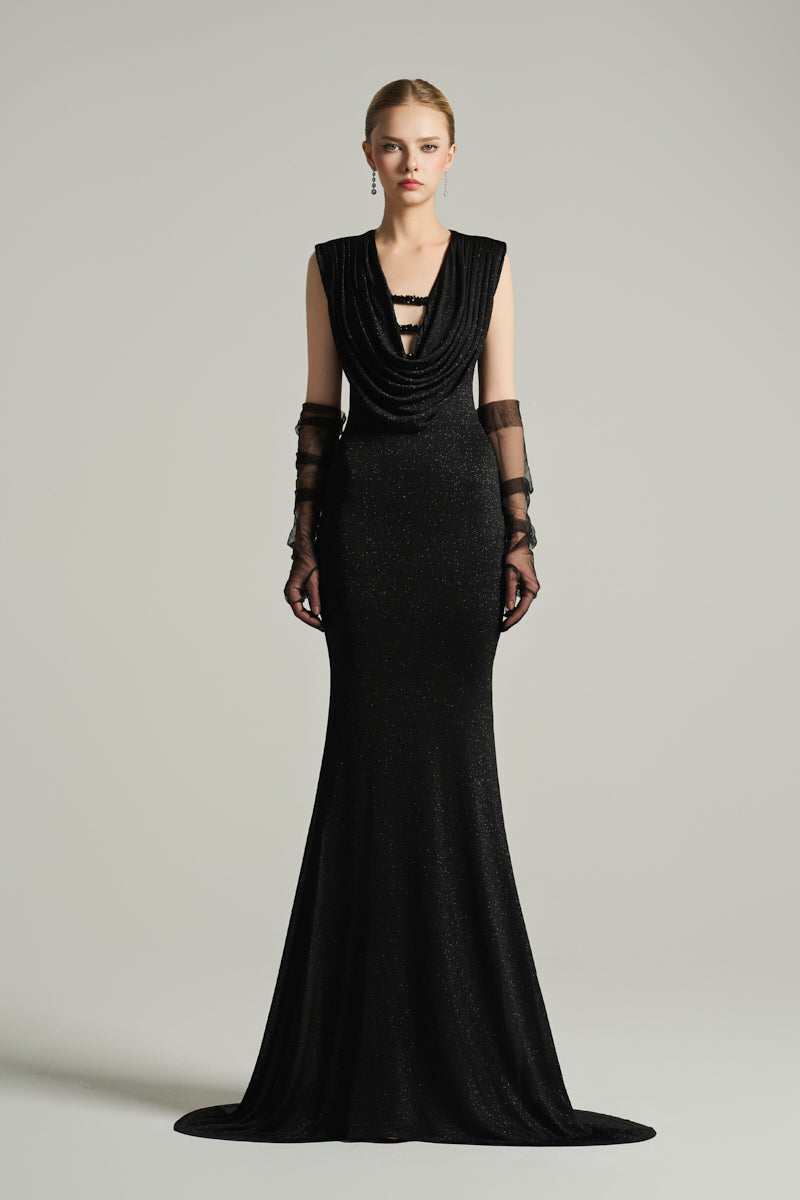 Black V-neck sleeveless gown by I.H.F Studio, featuring a draped cowl neckline and flowing jersey fabric.