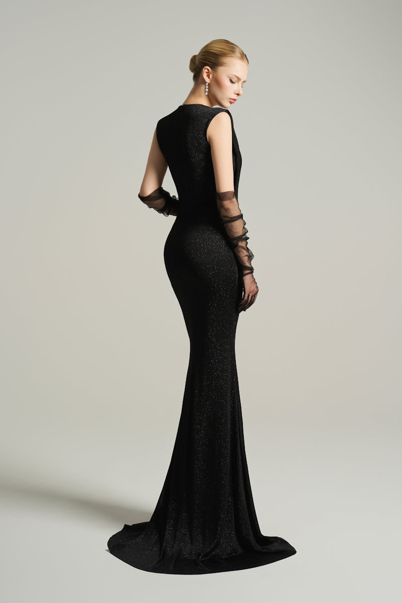 Black V-neck sleeveless gown by I.H.F Studio, featuring a draped cowl neck and elegant maxi length.