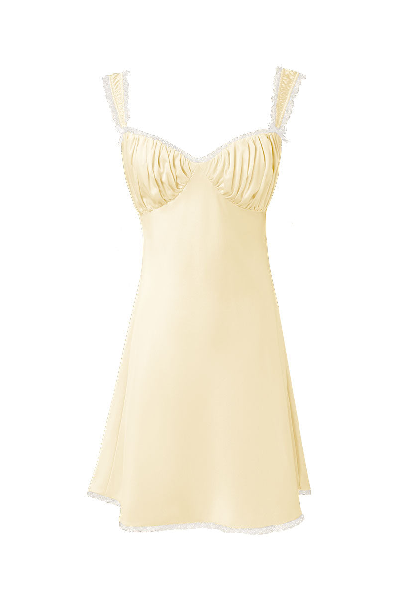 Yellow silk chemise nightgown for women by MANITO, soft and elegant sleepwear with delicate straps and smooth fabric.