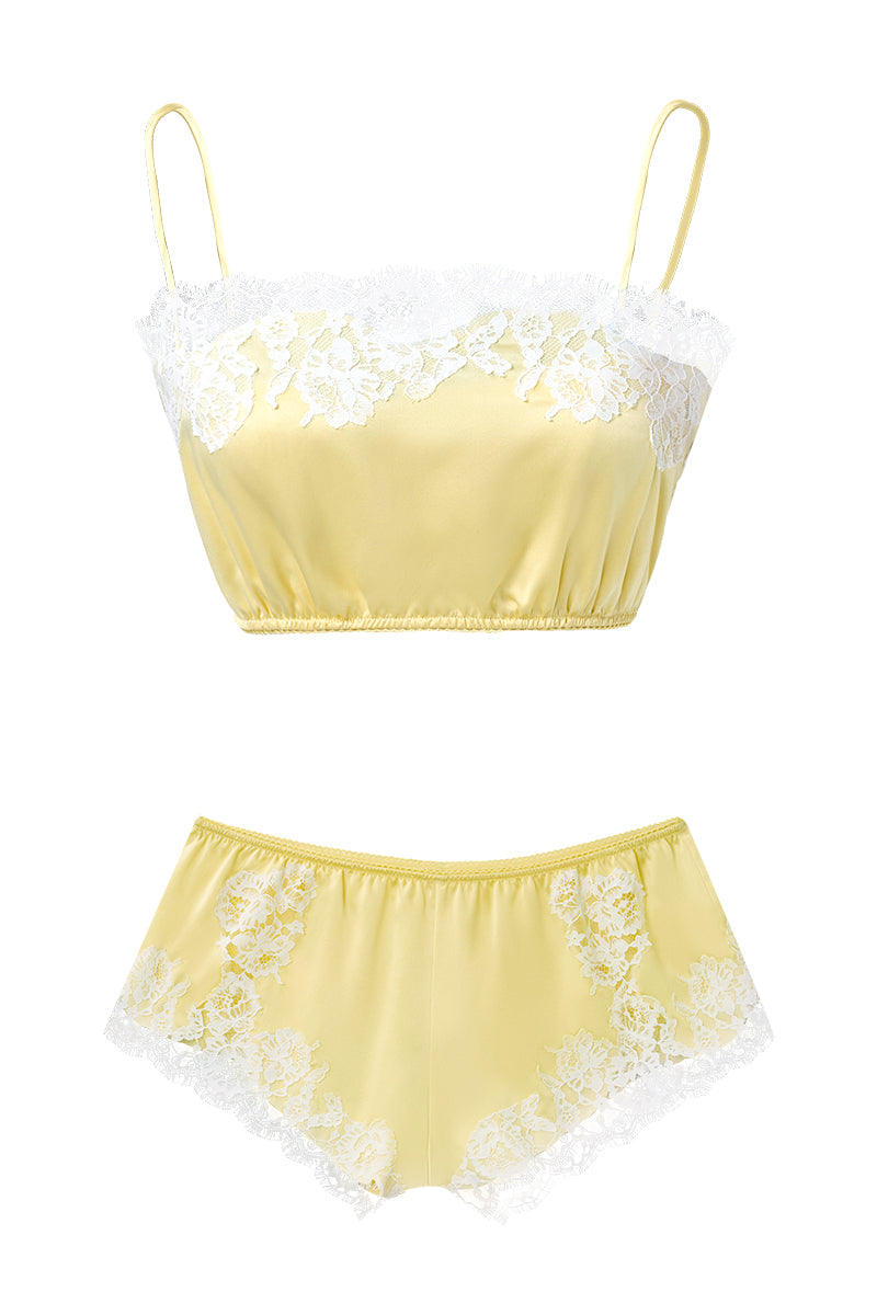 Yellow silk lingerie pajama set for women by MANITO, featuring a comfortable and elegant design with delicate fabric.
