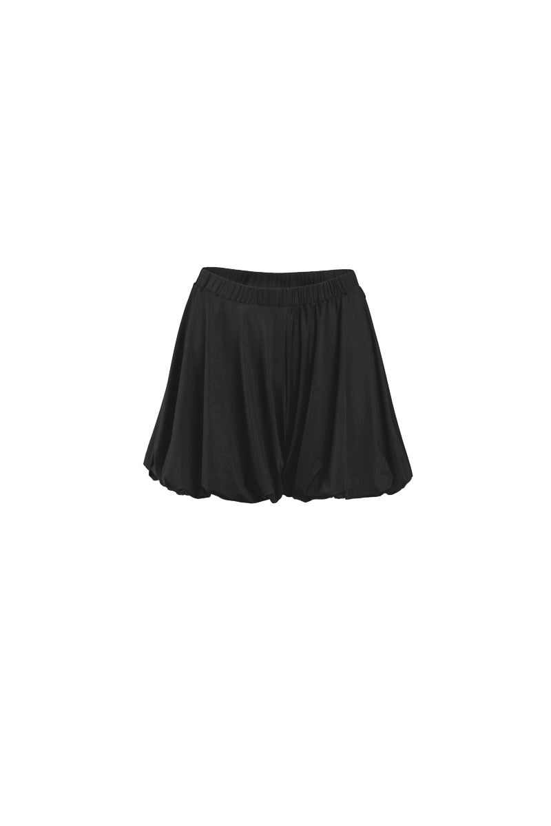 Black YASSMIN SALEH Drift shorts with ghost graphic detail, front view showing stylish casual design.