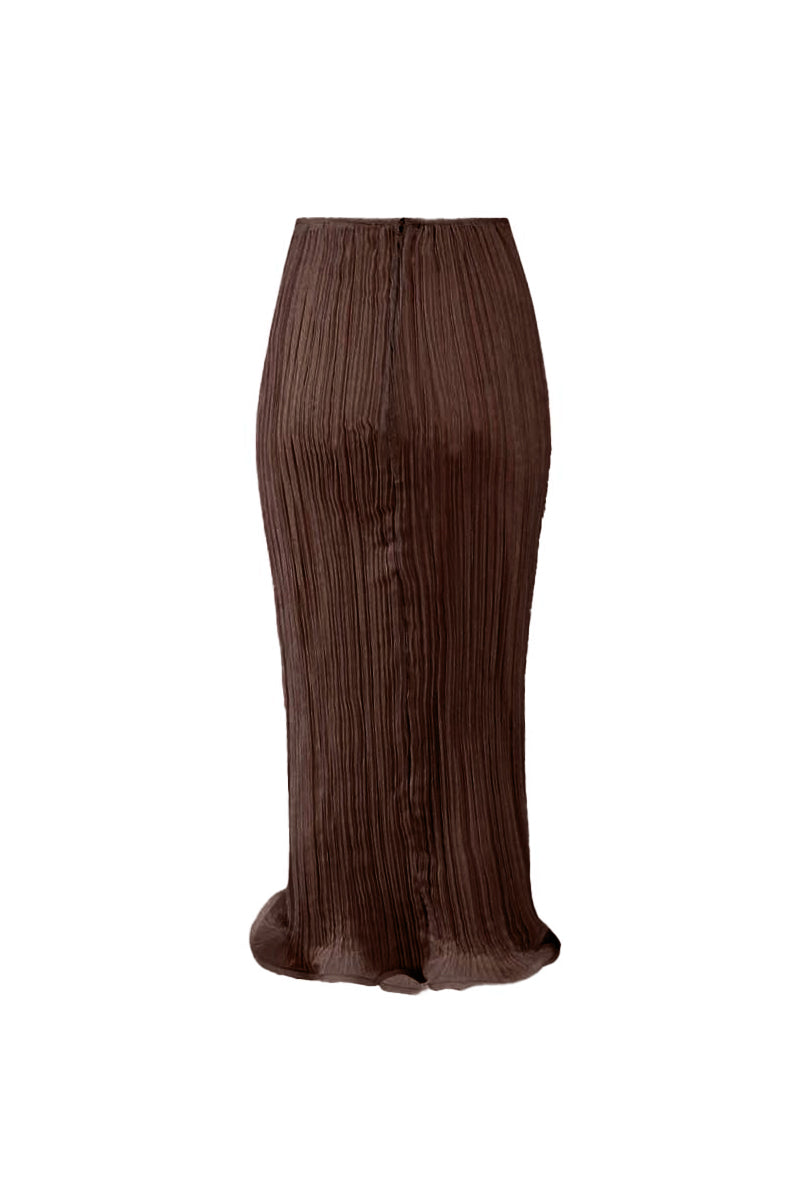 Brown YASSMIN SALEH Drift midi skirt displayed from the back, showcasing its flowing design and subtle ghost pattern.