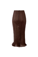 Brown YASSMIN SALEH Drift midi skirt with ghost back design, flowing fabric and stylish silhouette.
