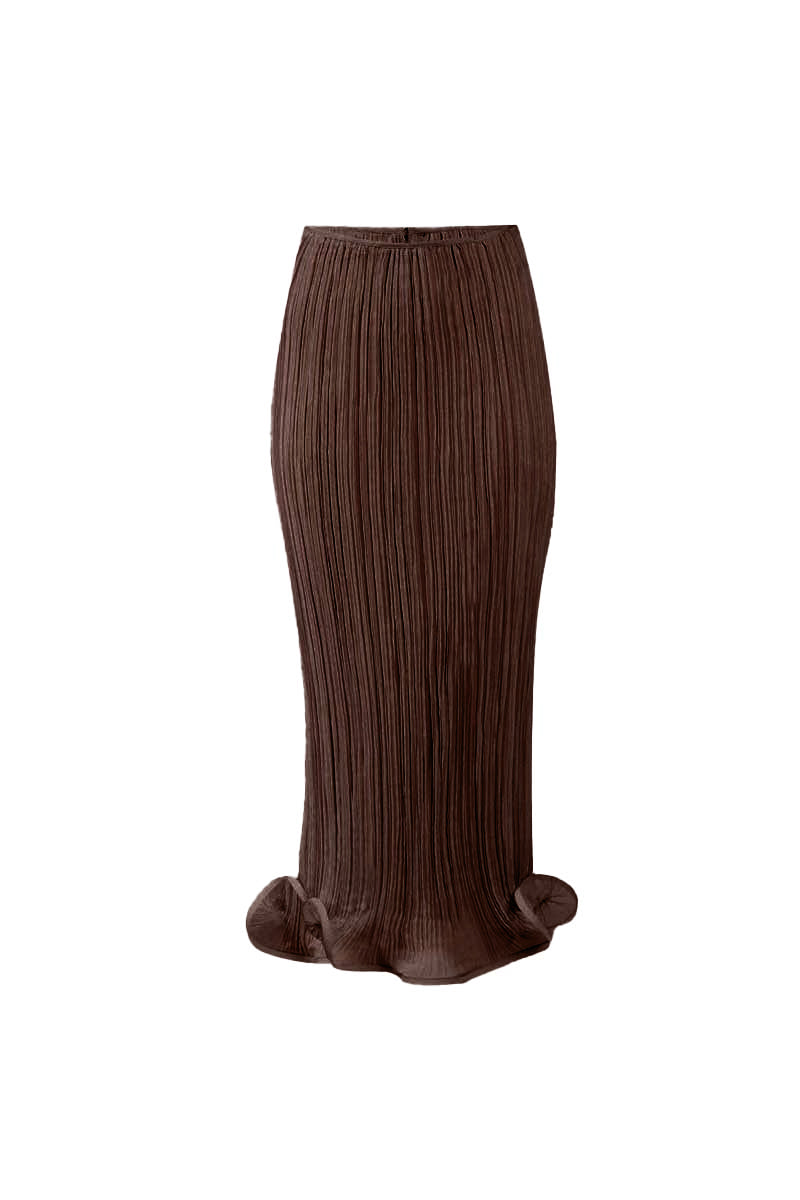 Brown YASSMIN SALEH Drift midi skirt with ghostly front design, stylish and flowy for casual or dressy outfits.