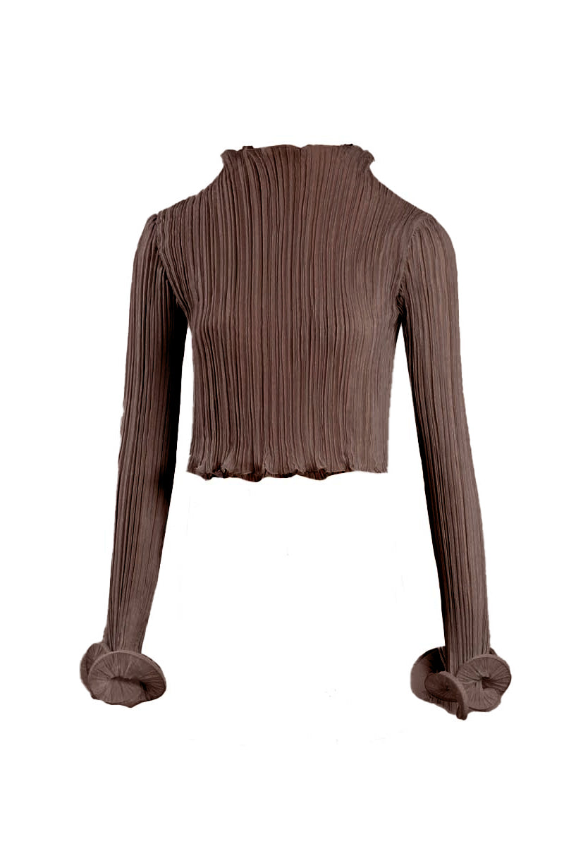 YASSMIN SALEH Drift Top in brown, stylish women's top with a ghostly front design, perfect for casual or trendy outfits.