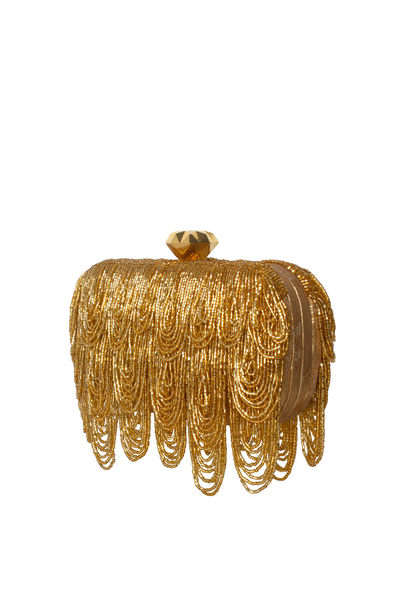 Gold Drip Gold Box clutch by Sarah's Bag featuring a shiny, textured exterior and elegant compact design.