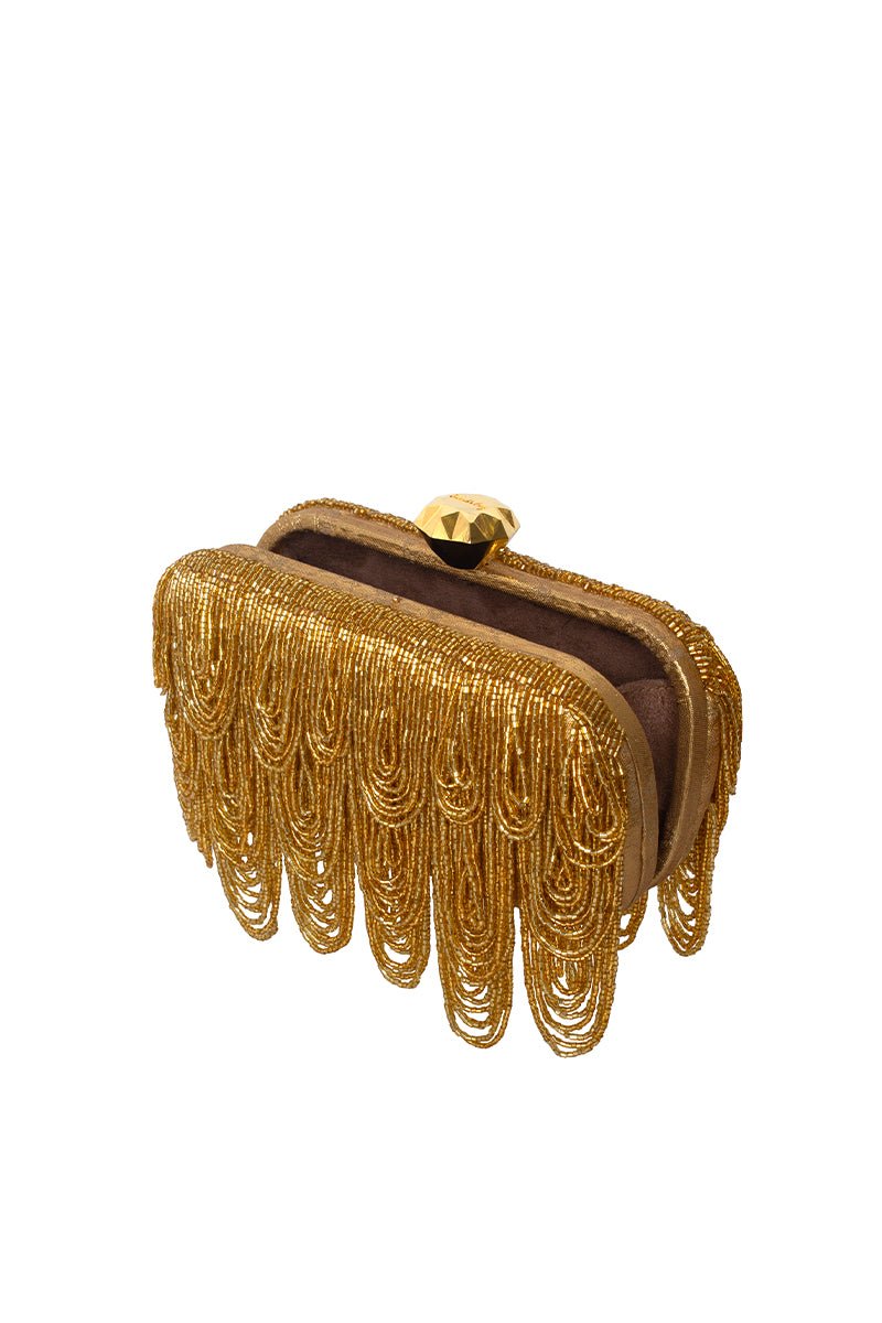 Gold Sarah's Bag Drip Gold Box clutch with a sleek, stylish design for elegant occasions.