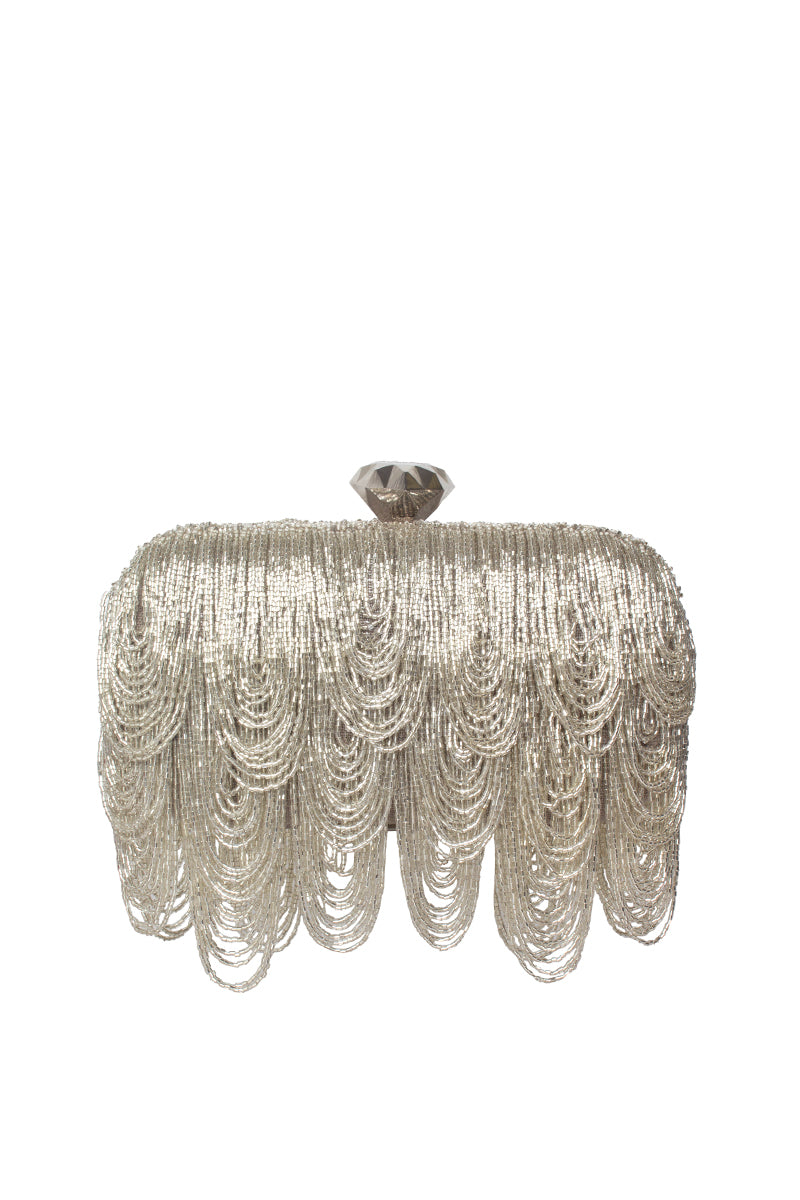 Silver drip clutch by Sarah's Bag, stylish silver clutch purse with a unique drip design, perfect for evening accessories.