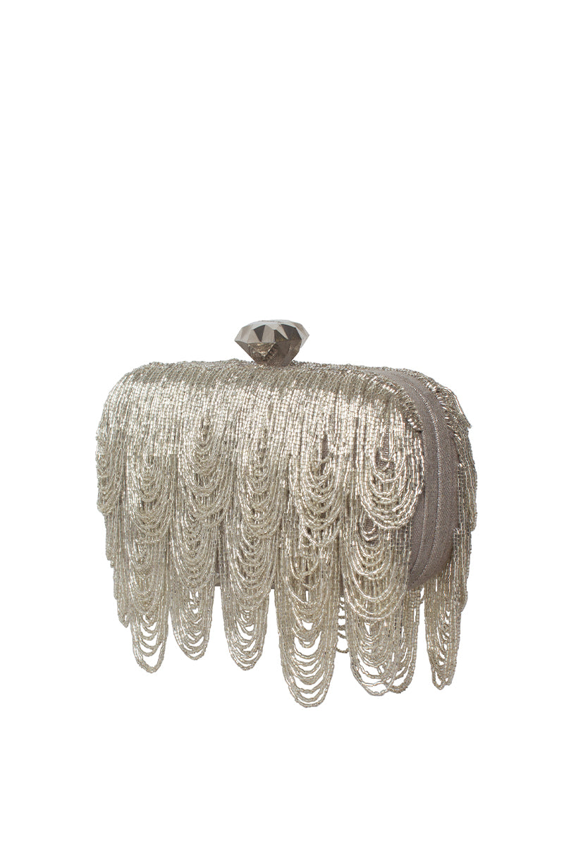Silver drip clutch bag by Sarah's Bag featuring a sleek metallic design and elegant box shape.