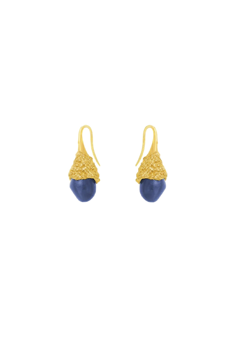 Gold and blue droplet earrings by Jude Benhalim, featuring elegant teardrop-shaped design and shiny finish.
