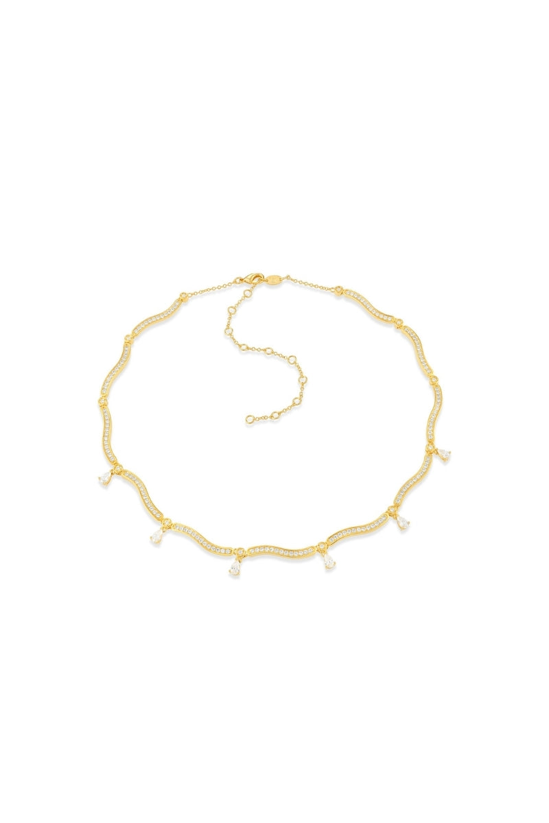 Gold Dune Mirage Drops Necklace by Velvet Desert featuring elegant layered chain design and statement drop pendant.
