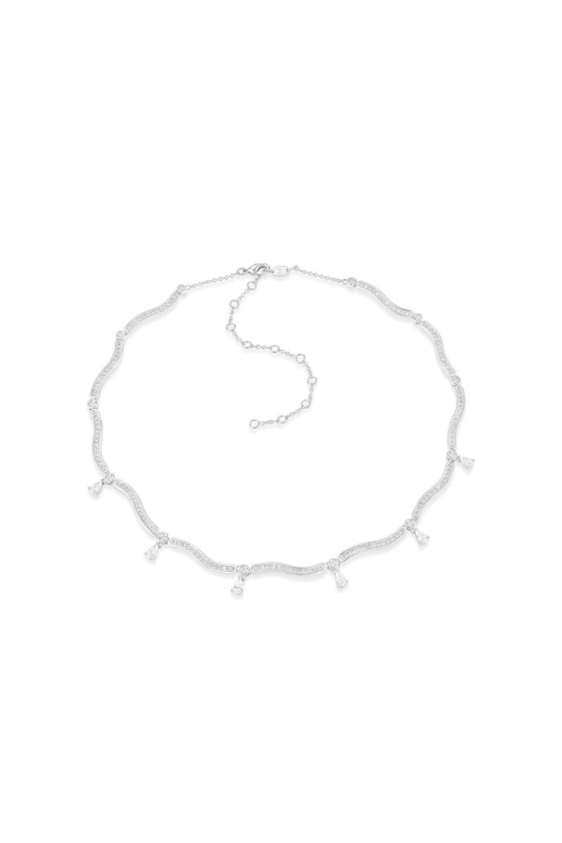 Silver Dune Mirage Drops Necklace by Velvet Desert featuring elegant, flowing pendant design on a delicate chain.