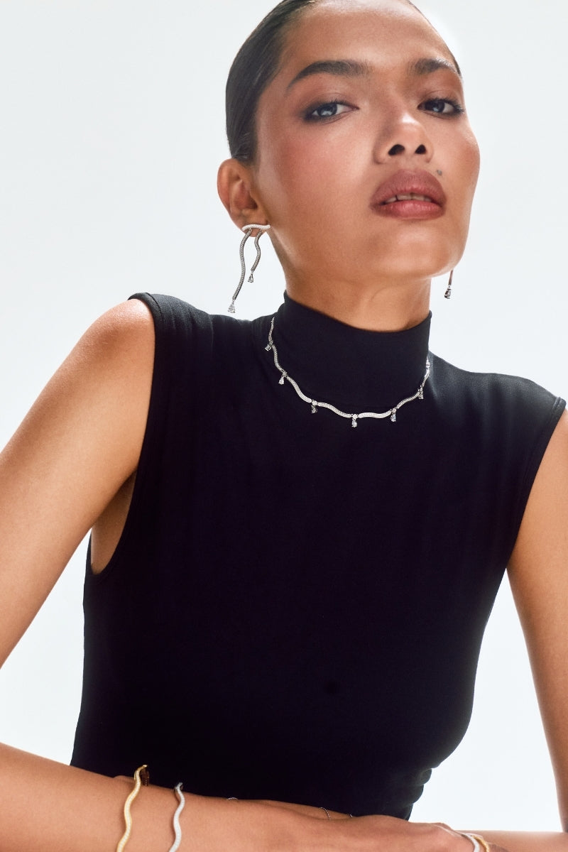 Silver Dune Mirage Drops Necklace by Velvet Desert, featuring elegant layered chain design with geometric pendant.