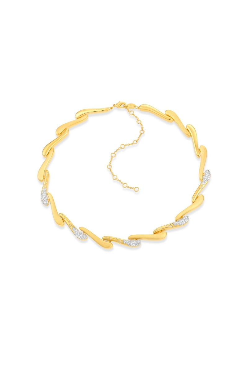 Gold Dune Rimal Necklace Satin Crest by Velvet Desert featuring intricate design and satin finish, displayed against a neutral background.