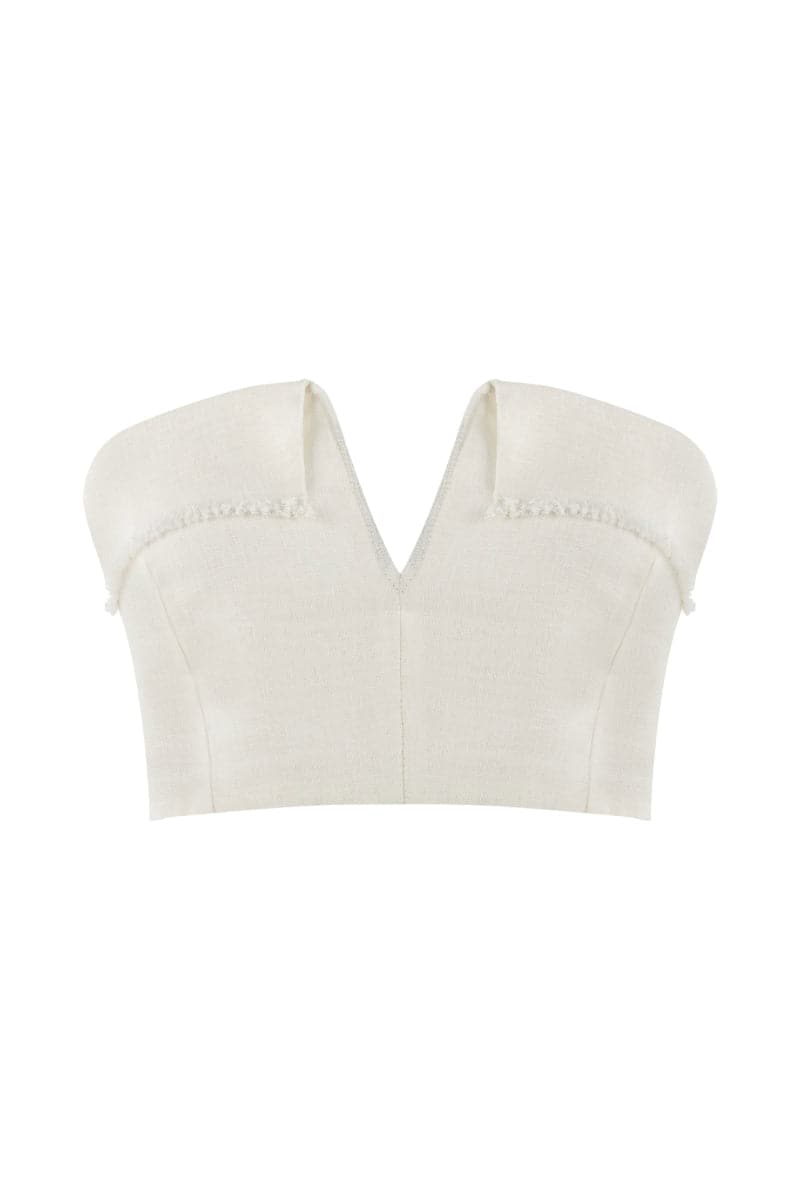 DUNE WHITE LINEN FRINGE V NECK CROP TOP - CULT MIA