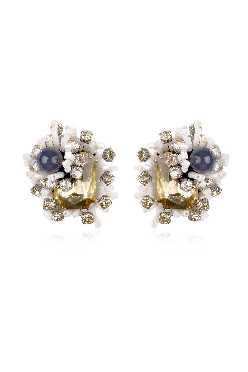 Aidan & Ice yellow Camellia earrings featuring floral design with gold-tone details, stylish and elegant jewelry accessory.