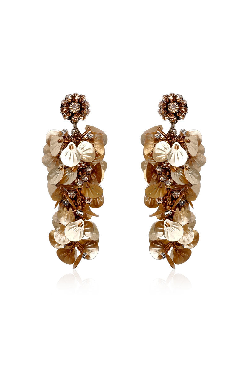 Aidan & Ice Ivy Golden Earrings, stylish gold earrings with intricate design, hanging from earlobes.