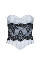Scarlett Gasque Eclipse Corset top in ghost ice melt fabric, front view showcasing fitted silhouette and detailed design.