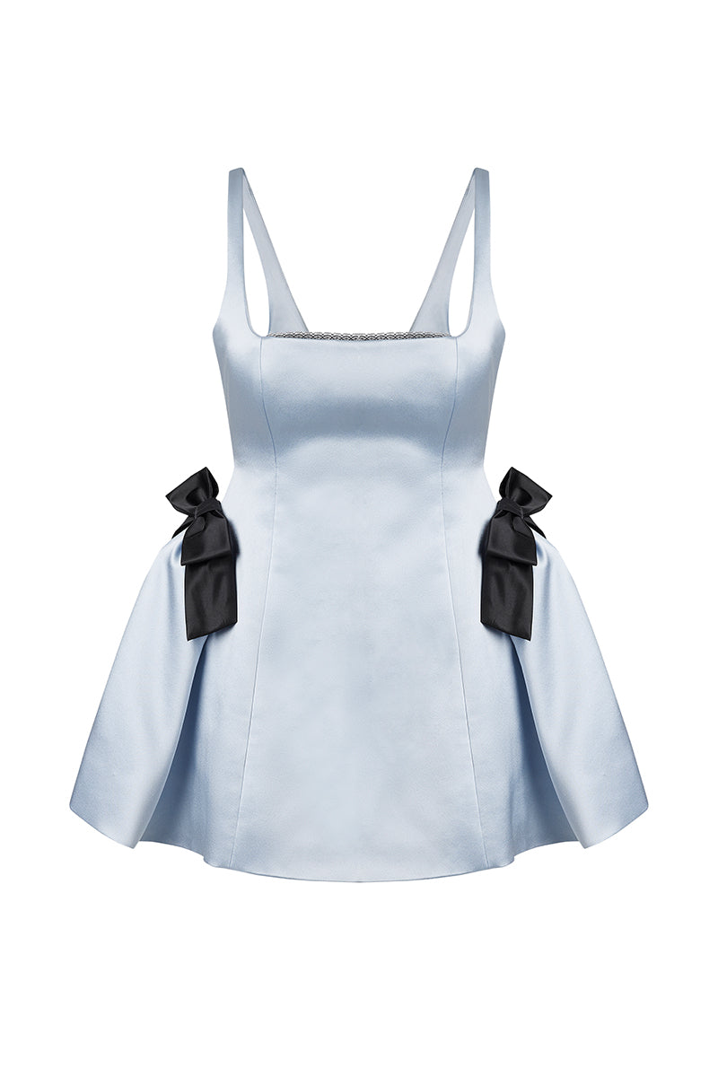 Scarlett Gasque Eclipse Mini Dress in ghostly ice melt fabric, front view showing fitted silhouette and stylish neckline.