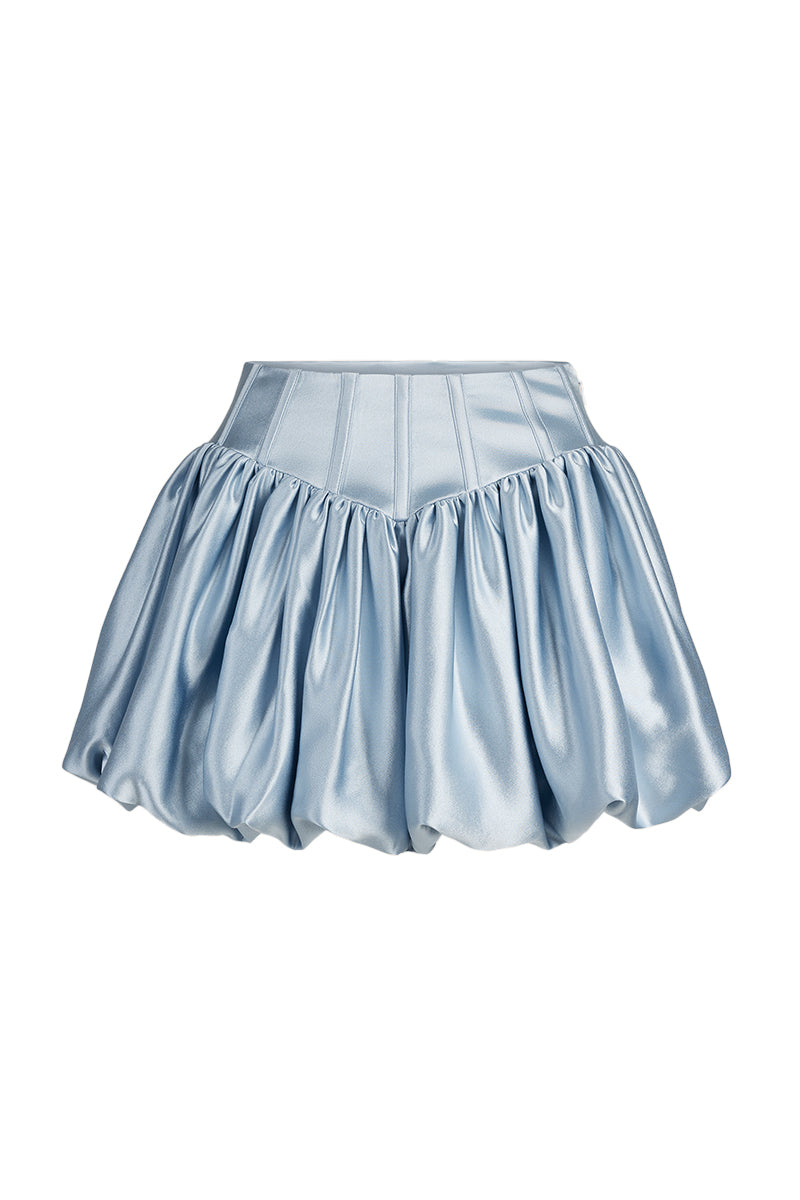 Scarlett Gasque Eclipse Mini Skirt in icy white fabric with ghostly front design, stylish and trendy for modern fashion.