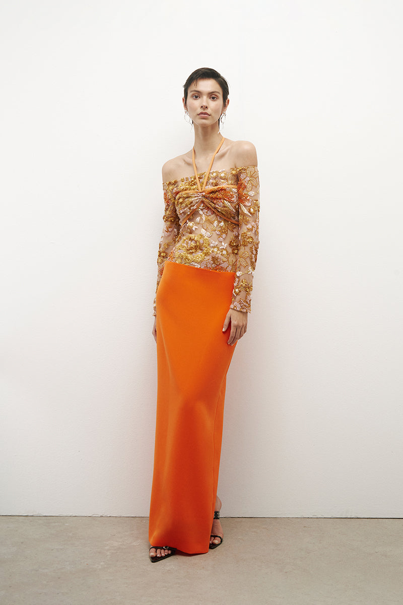 EMBROIDERY AND DOUBLE CREPE DRESS