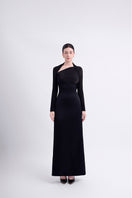 Black Twinkle Kersey Spandex Maxi Dress by EEGEN Studio, showing a fitted, elegant dress with a subtle shimmer fabric.