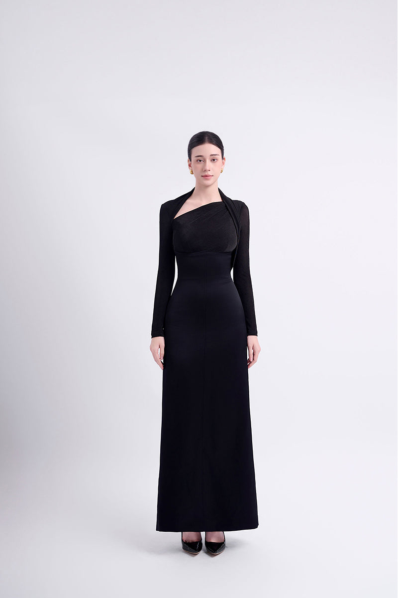 Black Twinkle Kersey Spandex Maxi Dress by EEGEN Studio, showing a fitted, elegant dress with a subtle shimmer fabric.