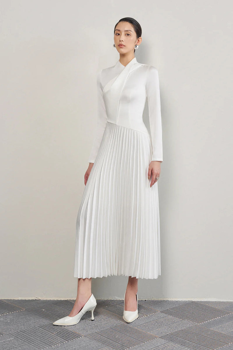 Elegant white satin taffeta silk gown by EEGEN STUDIO, featuring a flowing design and intricate details for formal occasions.
