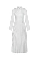 White smooth taffeta silk gown by EEGEN STUDIO, elegant floor-length dress with a flowing design and subtle sheen.
