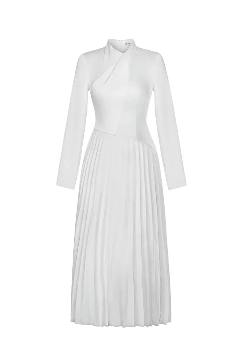 White smooth taffeta silk gown by EEGEN STUDIO, elegant floor-length dress with a flowing design and subtle sheen.