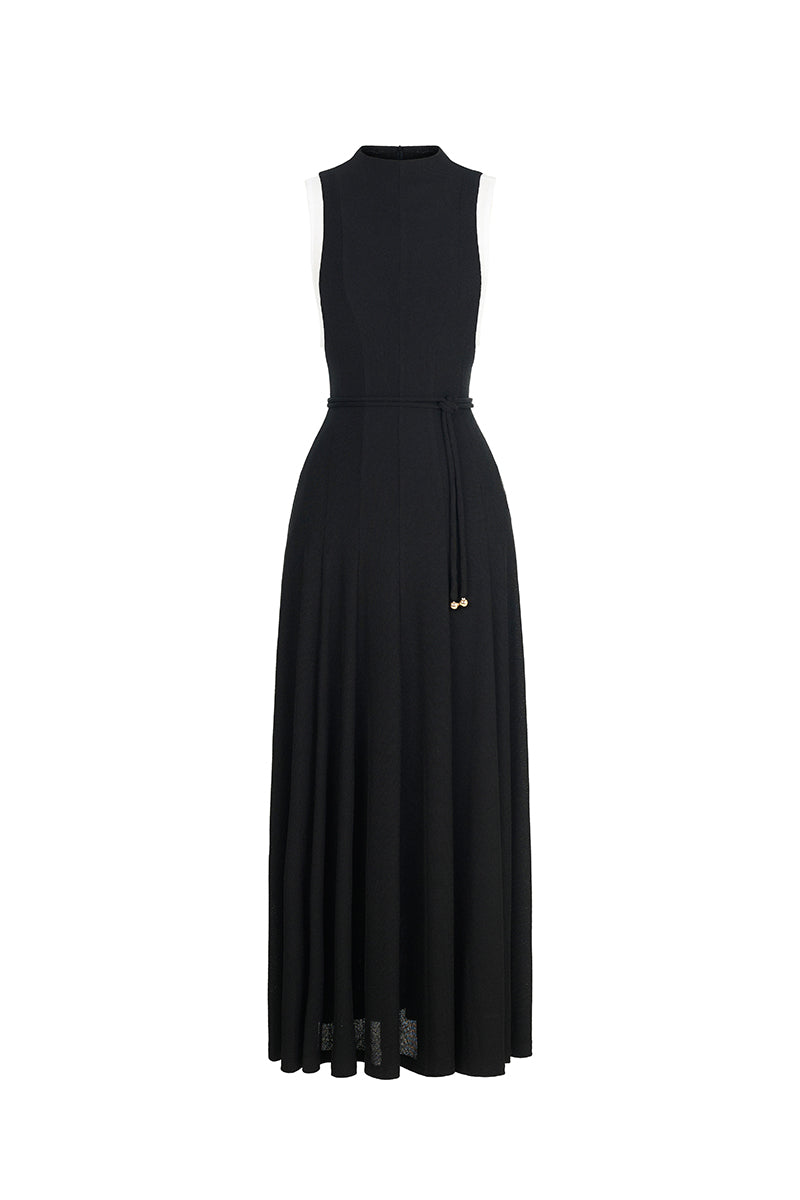 Black Peper Rib Knit Maxi Dress by EEGEN STUDIO, featuring a fitted ribbed knit fabric and elegant long length.