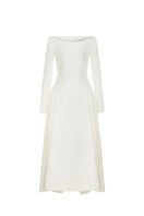 White spandex midi dress by EEGEN STUDIO, featuring a sleek fit and stylish design, shown on a model.