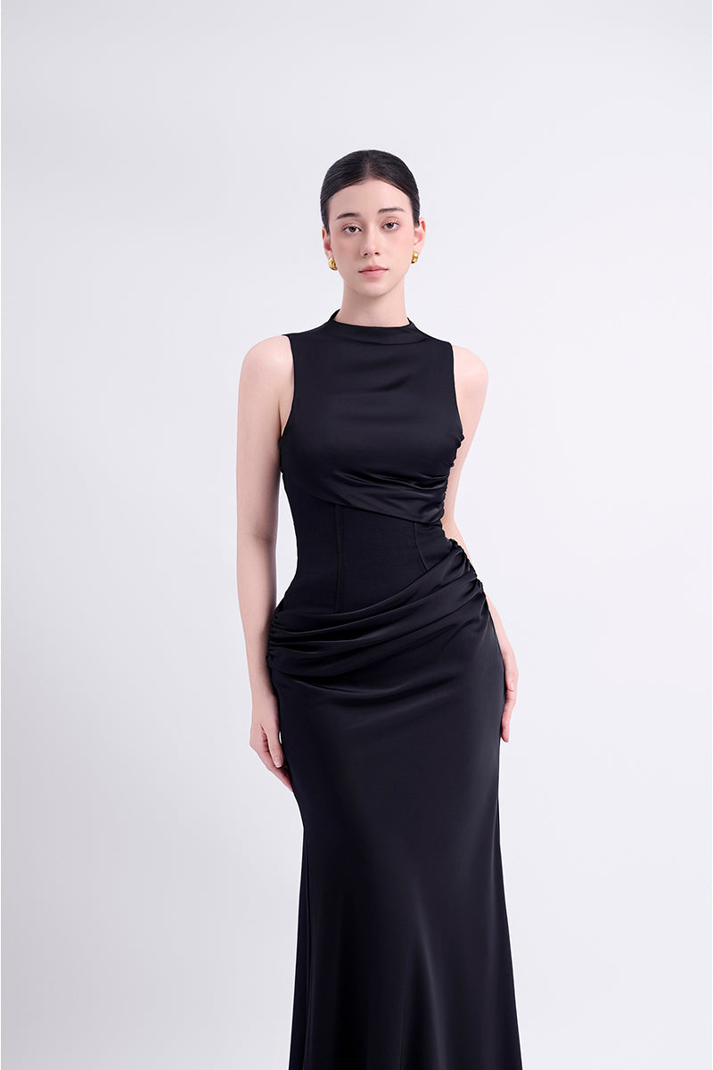 women's black silk dress Black Silk Short Sleeve Gown With Black Lace Details