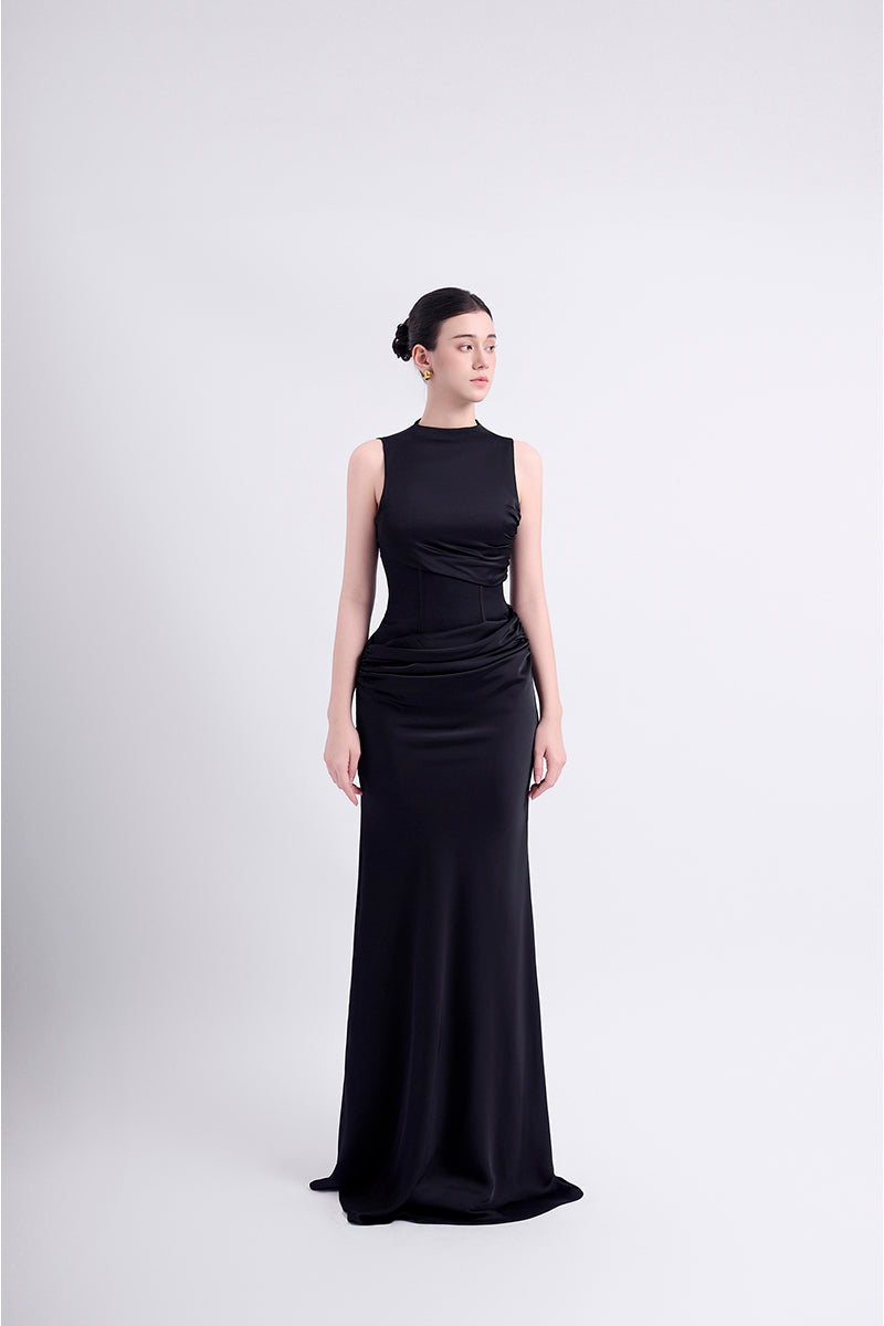 black dress transparent BLACK SHEER LACE SILK DRESS WITH CUT-OUT TOP | CULT MIA