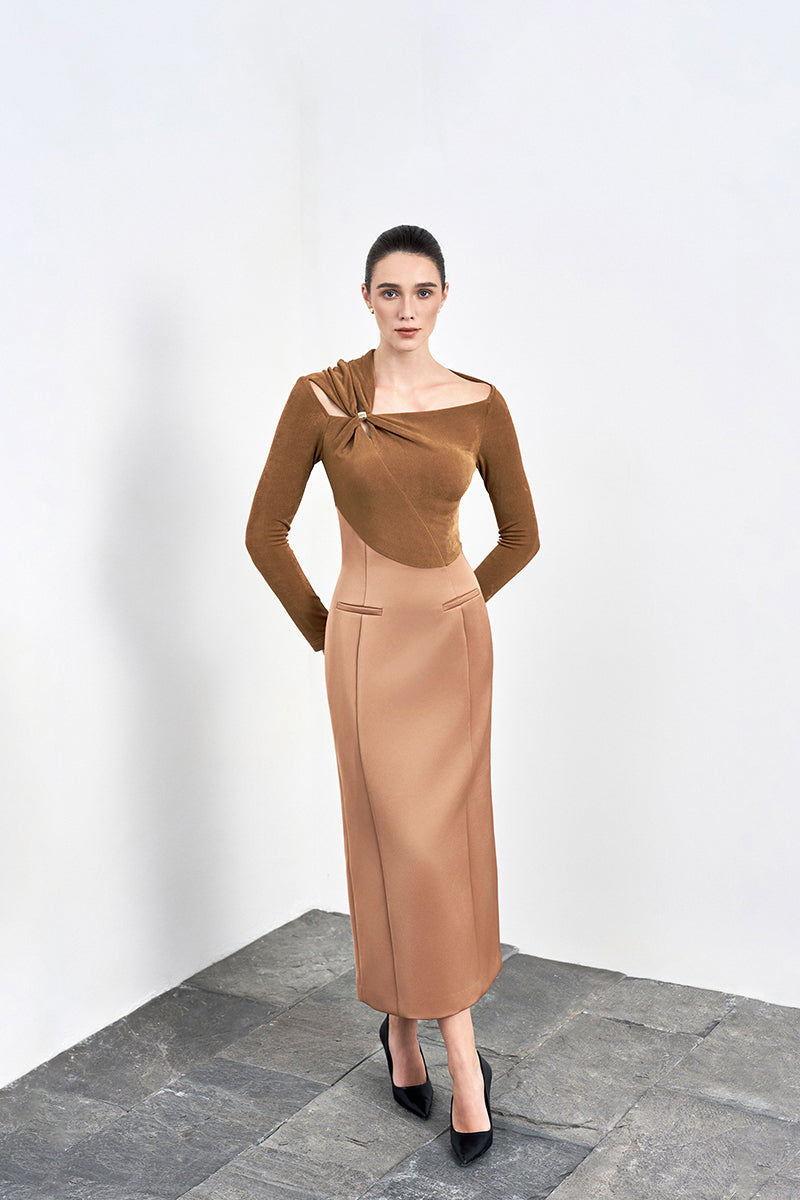 Brown Twinkle Knit Dress by EEGEN Studio, showcasing a cozy, stylish gown with a textured knit fabric and elegant fit.