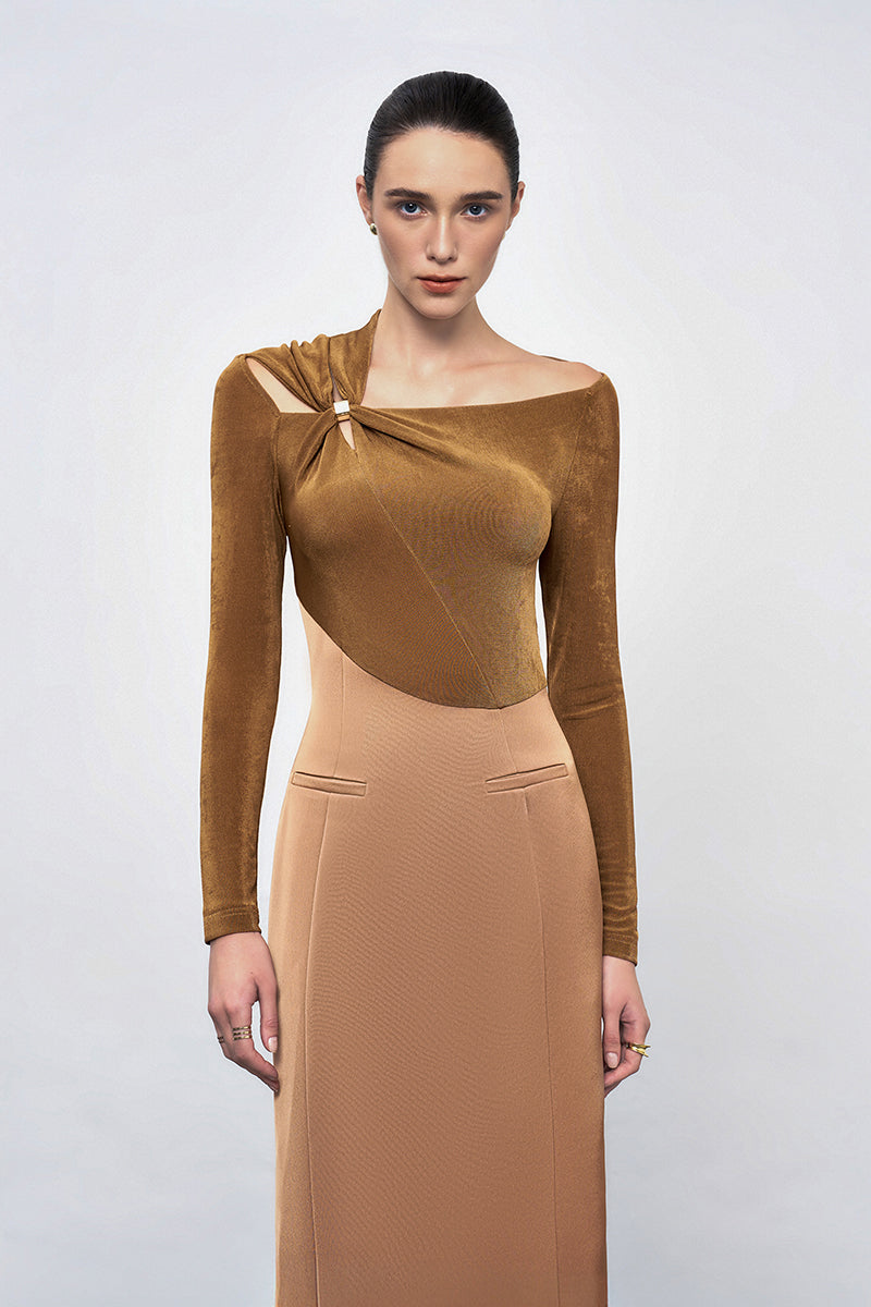 Brown Twinkle Knit Dress by EEGEN STUDIO, a cozy gown featuring a textured knit fabric and elegant design.