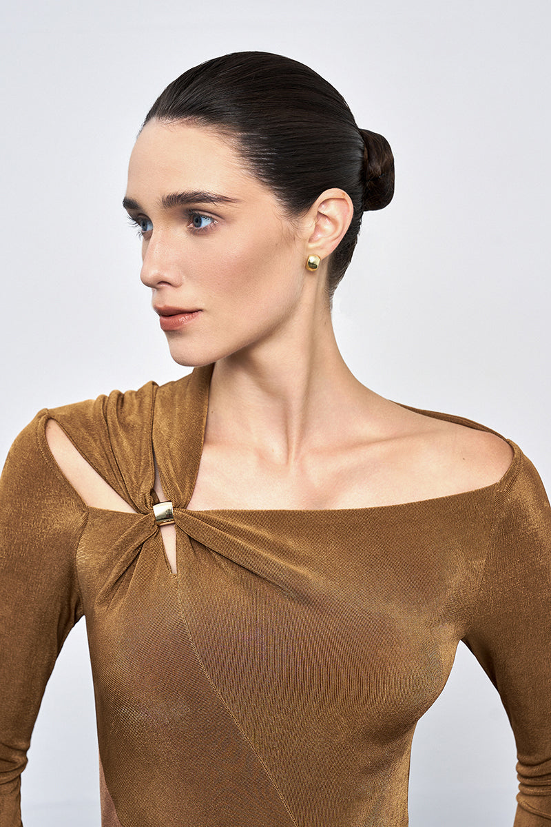 Brown Twinkle Knit Dress by EEGEN STUDIO, a cozy gown featuring a textured knit fabric and subtle shimmer detail.