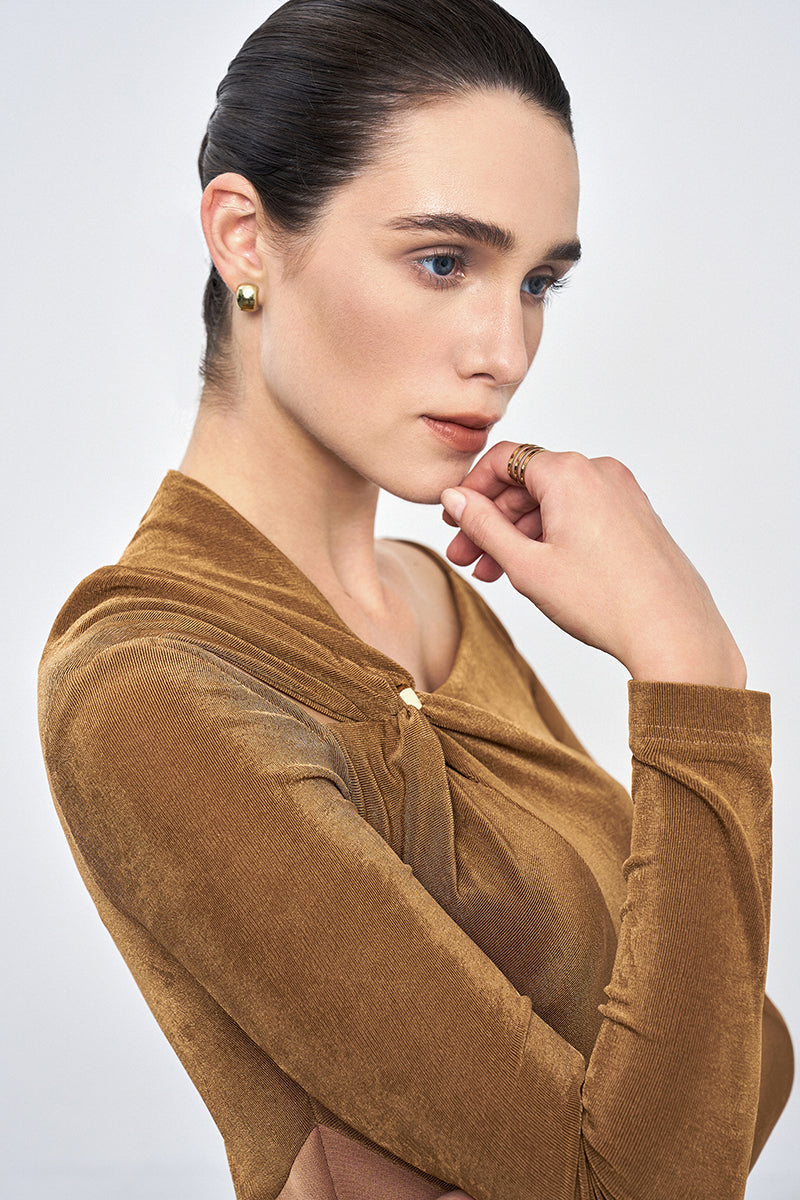 Brown Twinkle Knit Dress by EEGEN Studio, elegant gown with shimmering knit fabric, styled with a relaxed fit and soft texture.