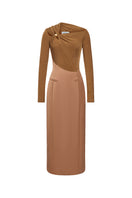 Brown Twinkle Knit Dress by EEGEN STUDIO, casual gown featuring a cozy knit texture and subtle shimmering details.