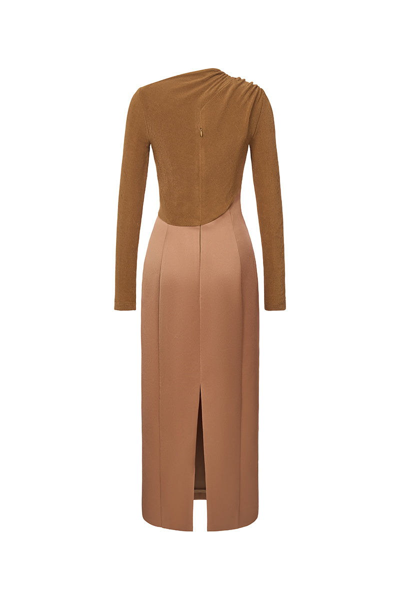 Brown Twinkle Knit Dress by EEGEN STUDIO, elegant gown featuring a cozy knit texture and subtle shimmering details.