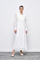 White crinkle chiffon maxi dress by EEGEN STUDIO featuring flowing fabric and elegant design, perfect for summer or special occasions.