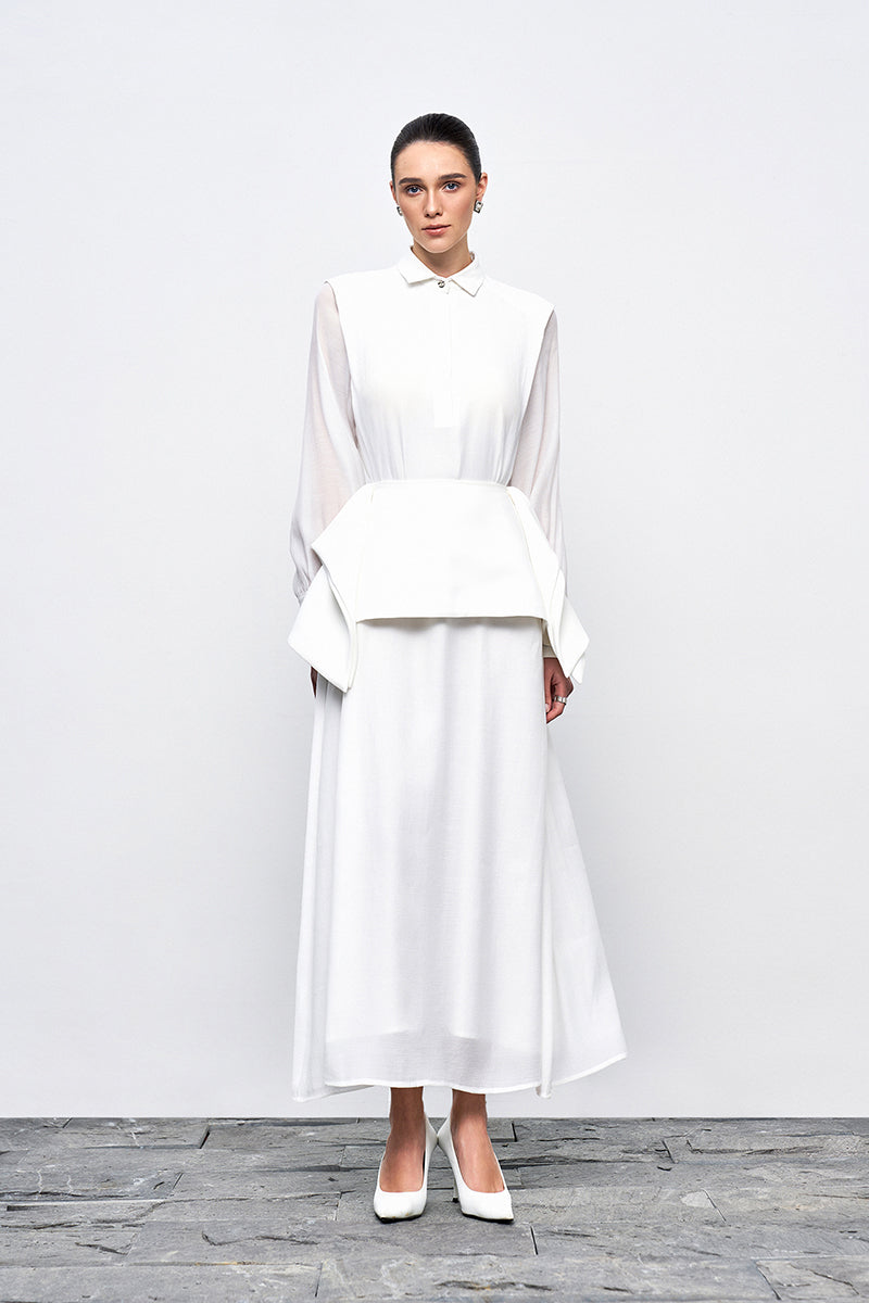 midi white chiffon dress White Chiffon Fit and Flare Midi Dress - Pleated Waist, Transparent Collar 1770