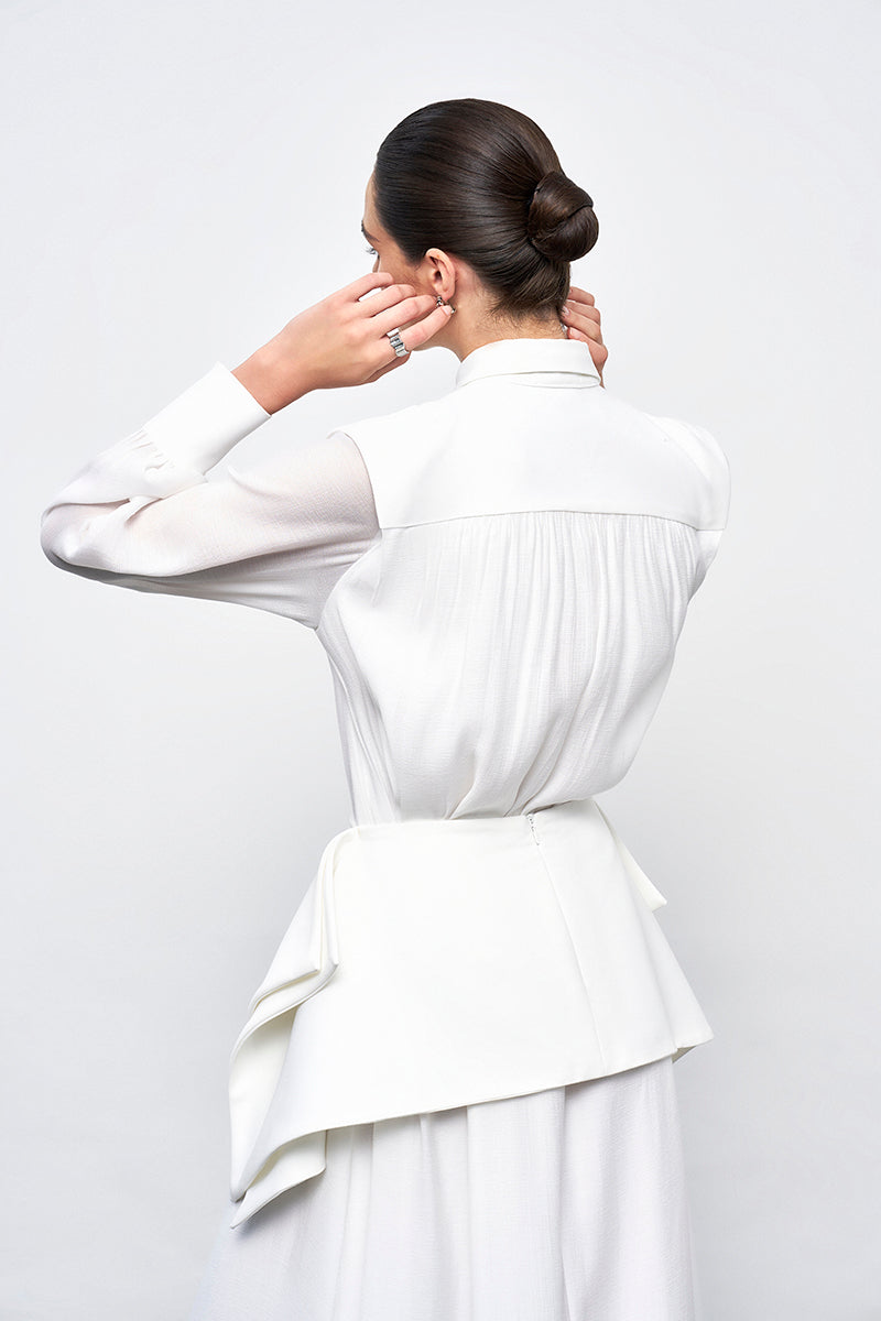 White crinkle chiffon maxi dress by EEGEN STUDIO featuring flowing fabric and elegant design, perfect for summer or formal occasions.