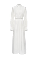 White crinkle chiffon maxi dress by EEGEN STUDIO, flowing fabric with a relaxed fit and elegant design.
