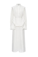 White crinkle chiffon maxi dress by EEGEN STUDIO featuring flowing fabric and elegant design, perfect for stylish summer occasions.